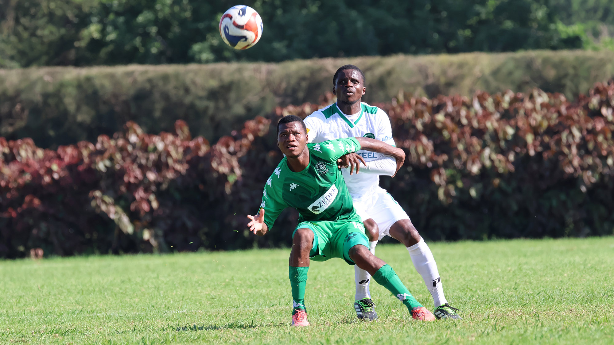Tabankulu Celtics’ Malangeni Dlamini tries to shake off a challenge from Nsingizini Hotspurs’ Thando Langa during their MTN Premier League clash yesterday, which ended in a 2-0 score in favour of Celtics. (Pic: Melusi Mkhabela)